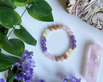 8mm gemstone bead bracelet • sunstone • rose quartz • amethyst • bead bracelet for women • mala • jewelry • gift for her • crystal bracelet