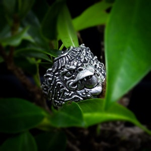 May include: A silver ring with a detailed design of a mythical creature's face. The ring is partially hidden by green leaves.