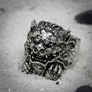 Shisa Okinawa Leão Prata Esterlina 925 Anel Feito à Mão Japão Guardião Yokai Xintoísmo Oni Diabo Japão Tatuagem Leão Foo Dog Guardião Antigo