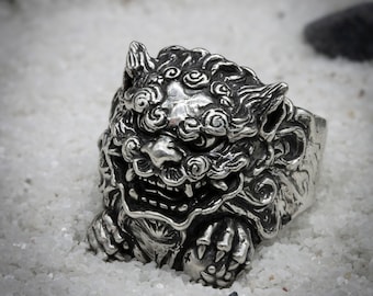 Shisa Okinawa Lion Sterling Silver 925 Handmade Ring Japan Guardian Yokai Shinto Oni Devil Japan Tattoo Lion Foo Dog Guardian Ancient