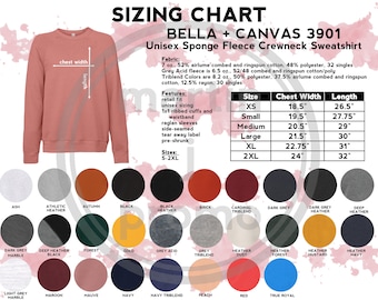 Bella Canvas 3901 Größentabelle | Bella Canvas Color Guide I Unisex Schwamm Fleece Crewneck Sweatshirt