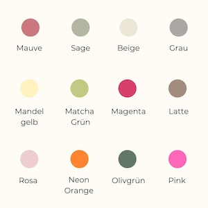 Pode incluir: Um gr&aacute;fico de cores com o texto "W&auml;hle eine Filament Farbe" e uma sele&ccedil;&atilde;o de amostras de cores. As cores incluem Malva, S&aacute;lvia, Bege, Cinza, Amarelo, Matcha Verde, Magenta, Caf&eacute; com leite, Rosa, Laranja Neon e Menta.