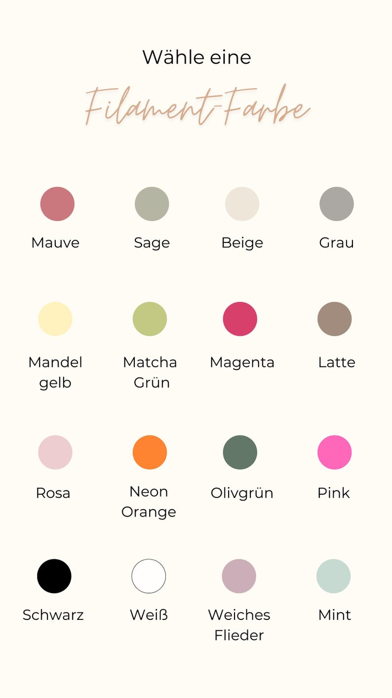 Pode incluir: Um gr&aacute;fico de cores com o texto "W&auml;hle eine Filament Farbe" e uma sele&ccedil;&atilde;o de amostras de cores. As cores incluem Malva, S&aacute;lvia, Bege, Cinza, Amarelo, Matcha Verde, Magenta, Caf&eacute; com leite, Rosa, Laranja Neon e Menta.