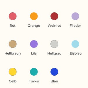 Pode incluir: Imagem com o texto "W&auml;hle eine Filament Farbe" e uma sele&ccedil;&atilde;o de amostras de cores. As cores incluem vermelho, laranja, bord&ocirc;, lil&aacute;s, castanho claro, roxo, cinza, azul claro, amarelo, turquesa e azul.