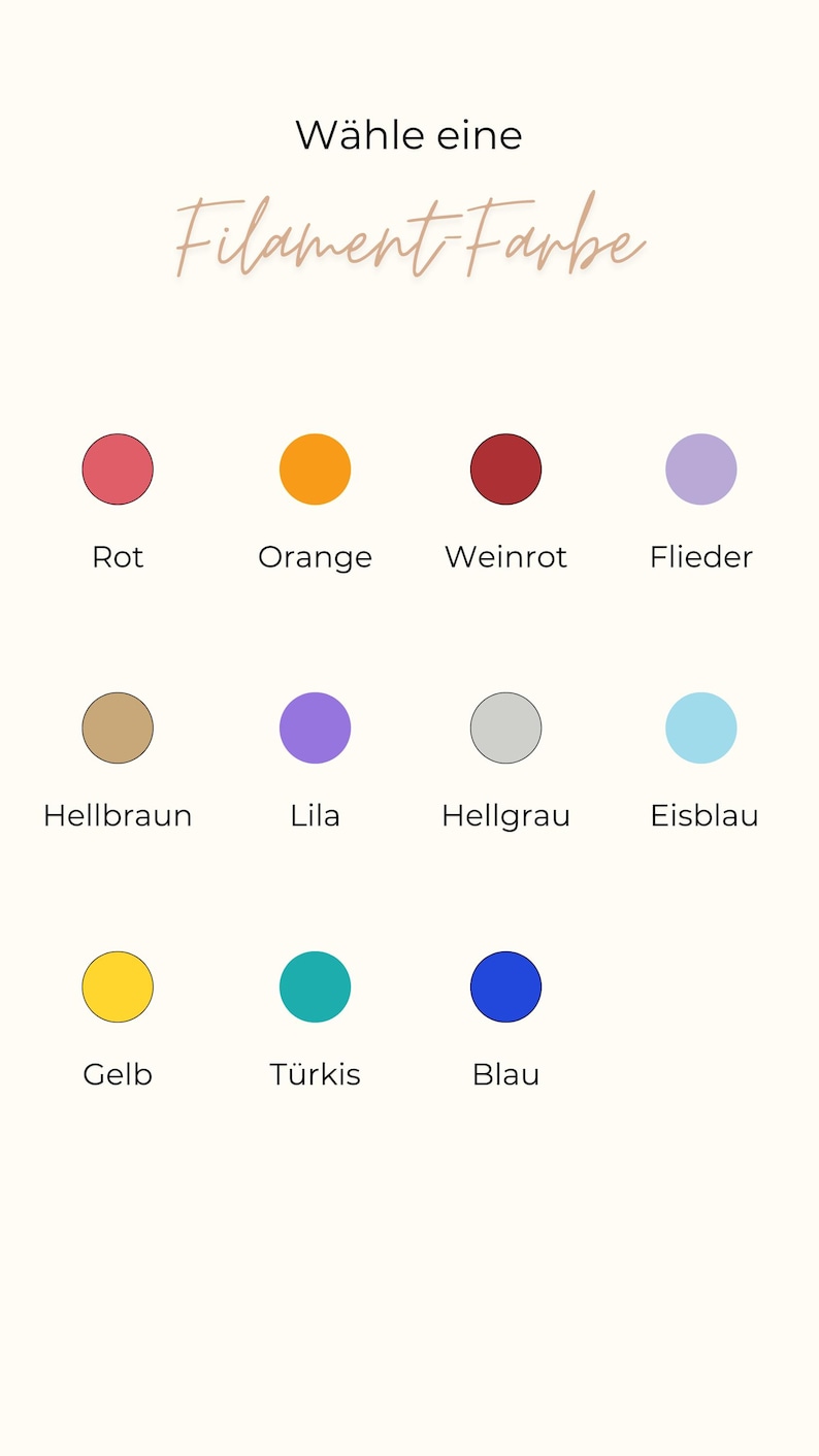 Pode incluir: Imagem com o texto "W&auml;hle eine Filament Farbe" e uma sele&ccedil;&atilde;o de amostras de cores. As cores incluem vermelho, laranja, bord&ocirc;, lil&aacute;s, castanho claro, roxo, cinza, azul claro, amarelo, turquesa e azul.