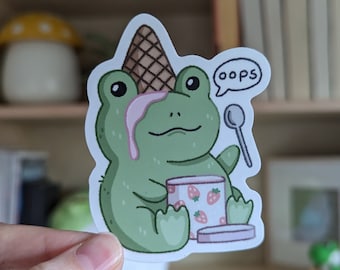 Oops the Frog Matte Vinyl Sticker | Cute Waterproof Sticker | Kawaii Toad Frog Silly Sticker Ice Cream Treat