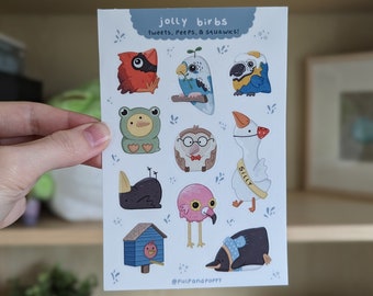 Jolly Birb 4x6 Inch Vinyl Sticker Sheet | Waterproof Heavy Duty Bird Stickers | Bird Watcher Silly Sticker