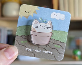 Cat Plant Acrylic Pin | Cute Kawaii Botanical Terra Cotta Clay Pot