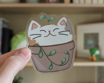 Cat Plant Clear Vinyl Sticker | Cute Waterproof Sticker | Kawaii Kitty in Clay Pot Sticker | Botanical Leaf Feline Garden Adhesive