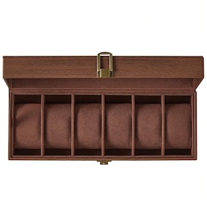 Wooden Watch Box With Glass Lid For Men, 6 Slot Organizer Display Case, Brown Gift For Him, Luxury Storage With Removable Pillows