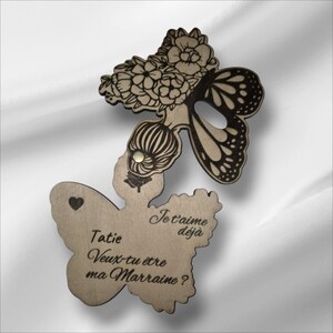 Carte demande Marraine - Carte annonce Marraine - Papillon bois personnalisée - Cadeau original Marraine