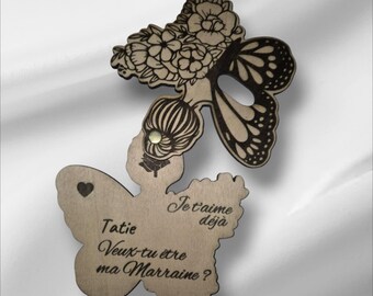 Carte demande Marraine - Carte annonce Marraine - Papillon bois personnalisée - Cadeau original Marraine