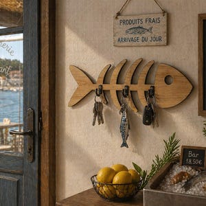Può includere: Un portachiavi in legno a forma di lisca di pesce con chiavi appese. Un piccolo cartello sopra recita "PRODUITS FRAIS ARRIVAGE DU JOUR". Sono visibili anche un menu su lavagna e un cesto di limoni. Il ristorante si chiama "Poissonnerie & Restaurant".