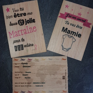 Carte postal en bois annonce grossesse , annonce mariage , annonce parrain et marraine, tata et tonton, papy et mamie personnalisé