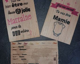 Carte postal en bois annonce grossesse , annonce mariage , annonce parrain et marraine, tata et tonton, papy et mamie personnalisé