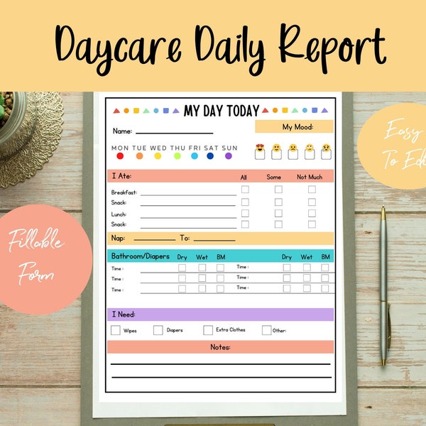 My Day Today, Daycare Daily Report, Fillable Daily Report for Daycare, Daycare Communication Logs, Childcare Communication, Toddler Daily