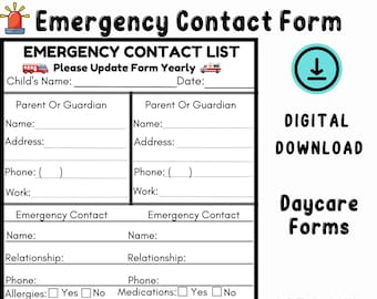 Emergency Contact Form, Daycare forms, Preschool Forms, Center Forms
