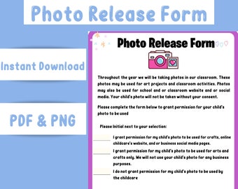 Photo Release Form Childcare, Photo release form Daycare, Photo Release form childcare center