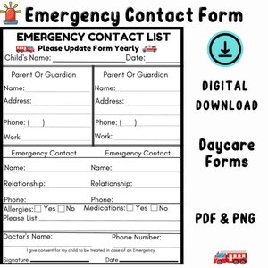 Emergency Contact Form, Daycare forms, Preschool Forms, Center Forms