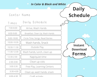 May include: A printable daily schedule template for a daycare or preschool. The schedule includes times from 7:00 AM to 5:30 PM and activities such as breakfast, circle time, outside play, nap time, and craft activities. The template is available in color and black and white and is editable in JPG, Word, and PDF formats.