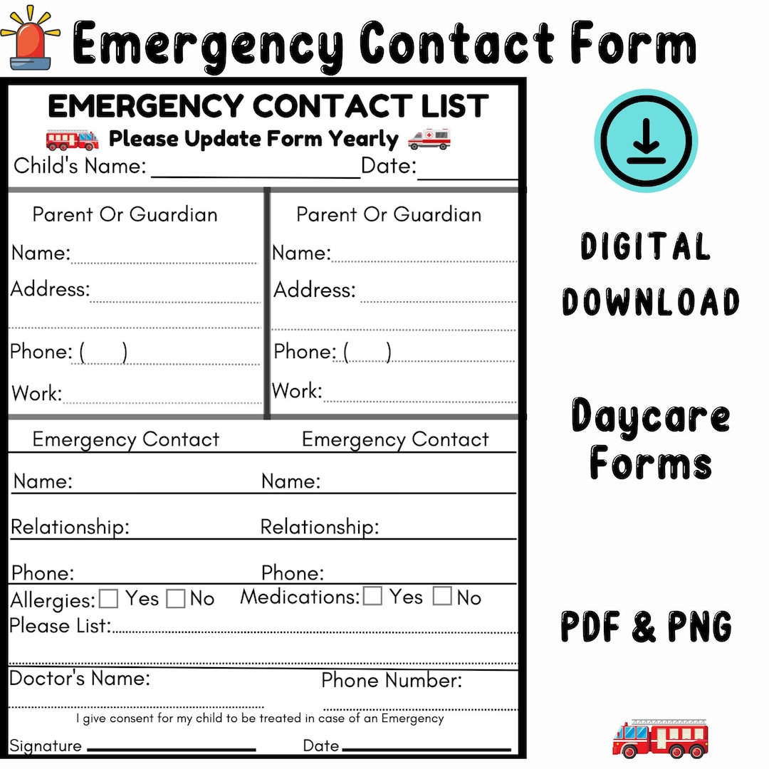 Emergency Contact Form, Daycare Forms, Preschool Forms, Center Forms Etsy