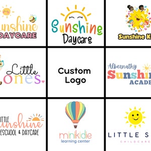 May include: A collage of nine different logos for daycare centres. The logos feature a variety of themes, including sunshine, children, animals, and hot air balloons. The text on the logos includes the words "Sunshine Daycare", "Little Ones", "Custom Logo", "Albernathy Sunshine Academy", "Little Sunshine Preschool & Daycare", "minikidie learning centre", and "LITTLE SUN CHILDCARE".