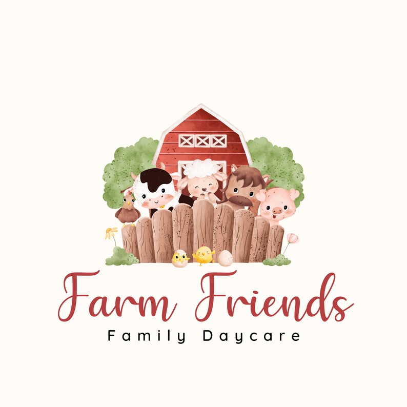 K&ouml;nnte beinhalten: Eine Aquarell-Illustration eines roten Scheunens mit einem Zaun und Nutztieren, darunter eine Kuh, ein Schaf, ein Schwein und ein Huhn. Der Text "Farm Friends Family Daycare" befindet sich unter dem Bild.