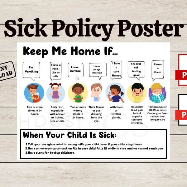 Daycare Illness Policy Poster, Daycare illness poster, Daycare Forms, Childcare Forms, Daycare signs, Daycare enrollment, daycare handbook