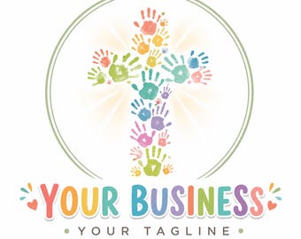 Cross Logo, Preschool Logo, Daycare Logo, Handprint Logo, Cute Kids Logo, Cute Childcare Logo, Kids bible logo, religious logo,