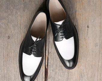 Handmade men's two tone black & white leather oxford shoes men's genuine leather wingtips formal dress shoes