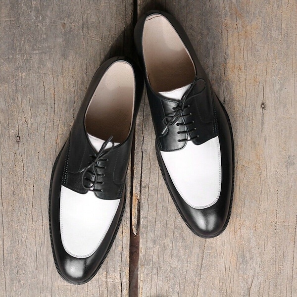 Handmade men's two tone black & white leather oxford shoes men's genuine leather wingtips formal dress shoes