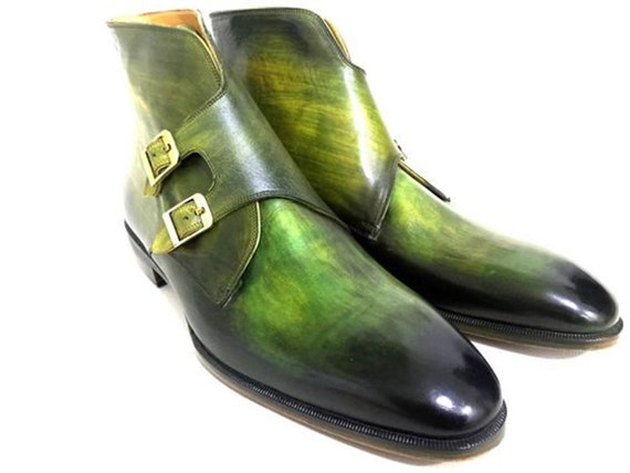 green leather hand patina dual monk chukka boots men's genuine leather handmade green patina ankle high boots