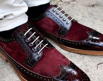 Handmade men's genuine leather burgundy with suede brogue wingtip shoes men's genuine leather dress formal shoes