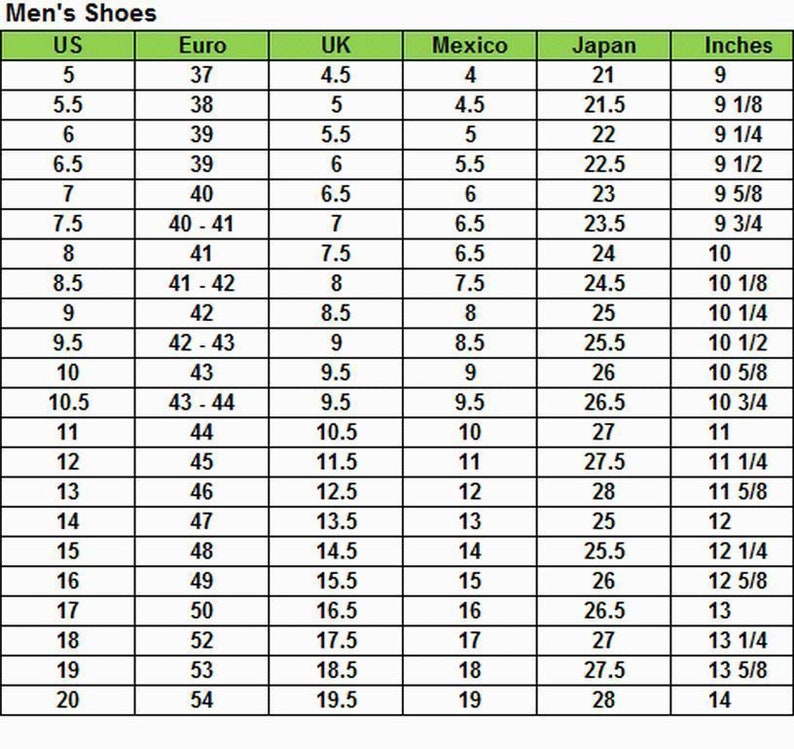 May include: A chart showing men's shoe sizes in US, Euro, UK, Mexico, Japan, and inches.