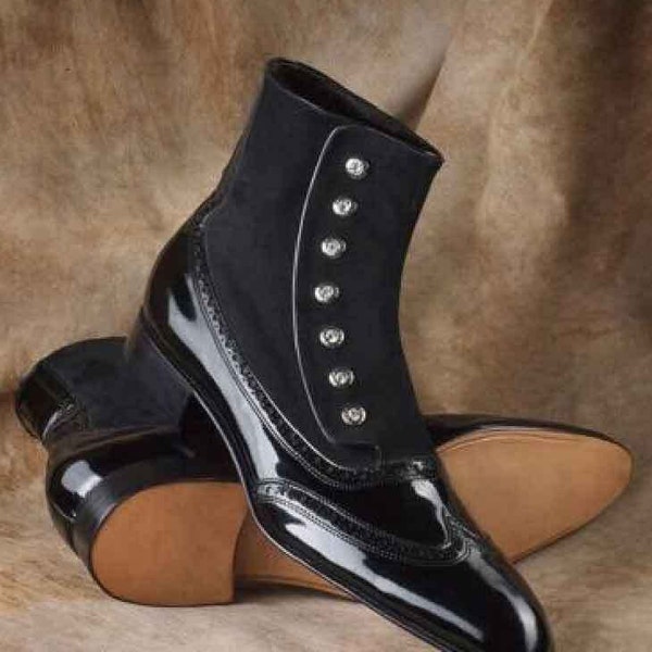 Handmade genuine black patent leather with suede men's button boots ankle high long button boots