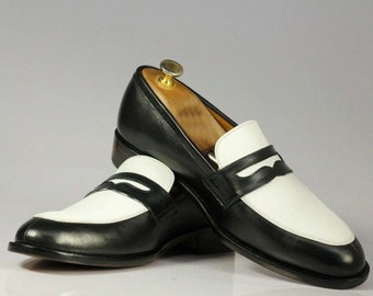 Handmade genuine leather two tone black with white men&#39;s slip on loafers men&#39;s genuine black & white leather mocassins shoes