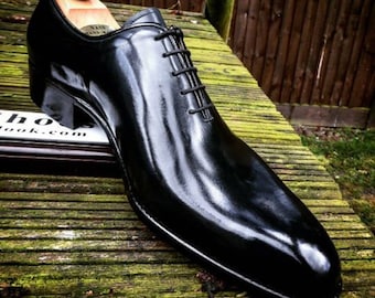 Handmade men's genuine black leather whole cut plain oxford shoes men's black leather dress formal shoes