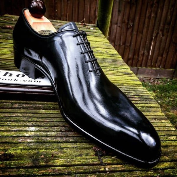 Handmade men's genuine black leather whole cut plain oxford shoes men's black leather dress formal shoes
