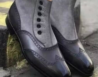 Bota de dos tonos de cuero gris genuino hecha a mano con botas de ante gris con botones largos