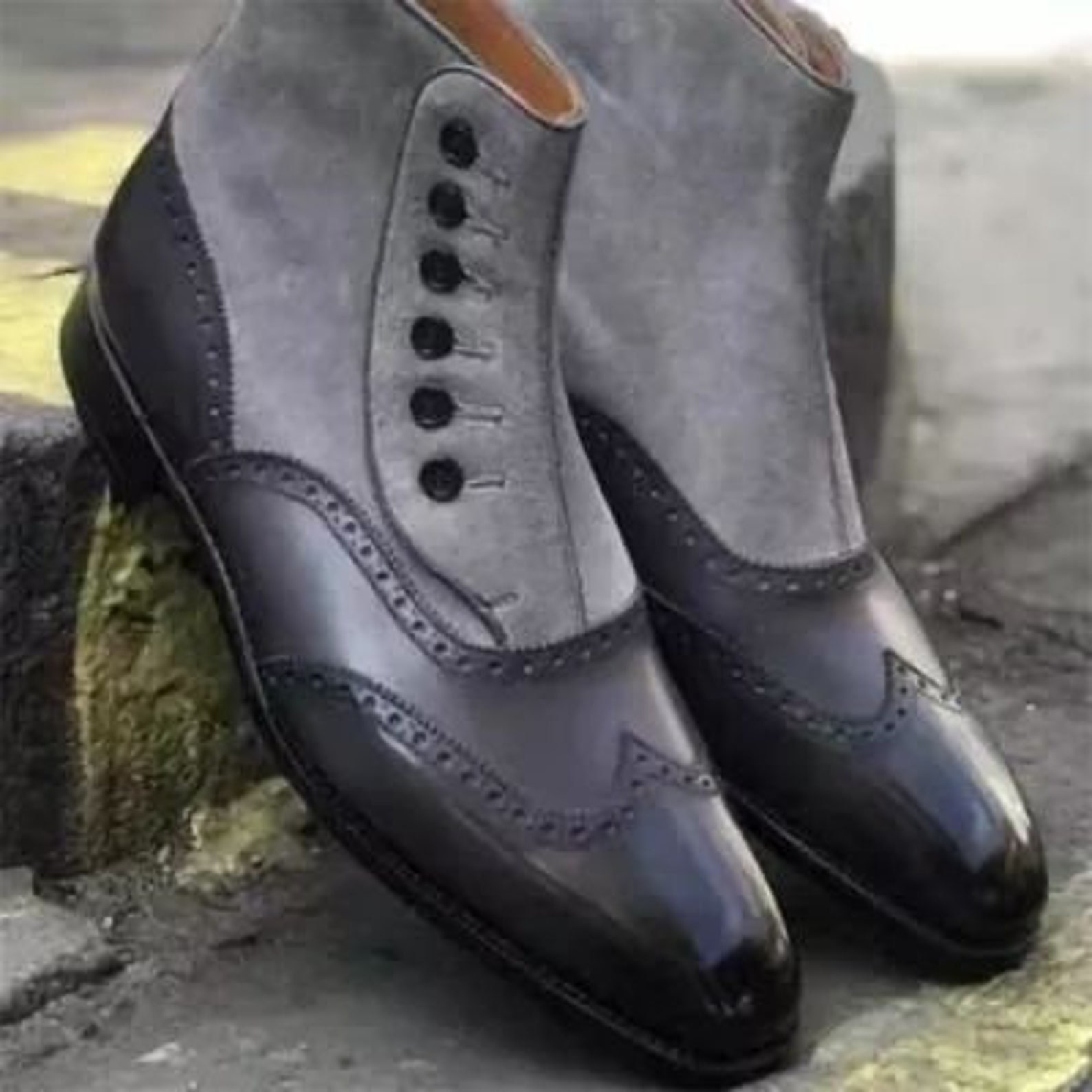 Handmade genuine grey leather two tone button boot with grey suede long button boots Handmade genuine grey leather two tone button boot with grey suede long button boots
