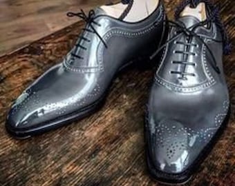 Handmade genuine grey leather oxford dress shoes men's genuine leather brogue shoes