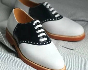 Handmade men's genuine leather black & white two tone oxford shoes men's leather black and white brogue wingtips