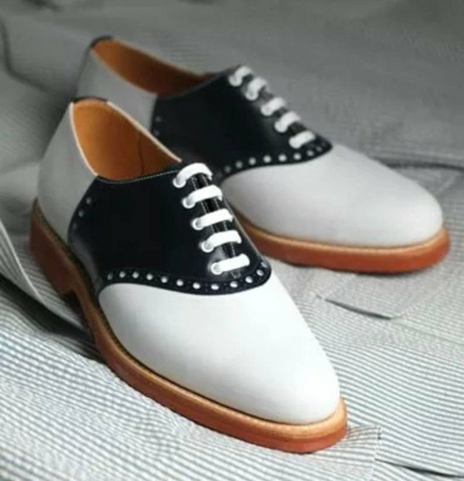 Handmade Men's Genuine Leather Black & White Two Tone Oxford Shoes Men ...