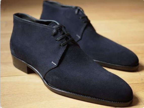 Navy Blue Genuine Suede Pure Handmade Ankle High Chukka  display picture 1