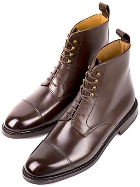 Dark Brown Genuine Leather Handmade Ankle High Boots for Men's Long Marching Boots Men's Genuine Leather Boots