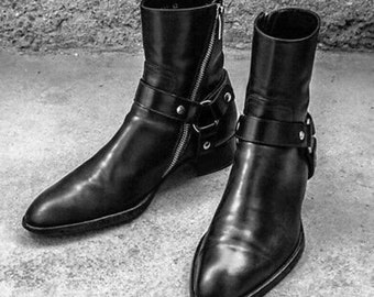 Handmade men's genuine black leather long ankle high zipper boots men's bikers boots genuine leather cowboys boots