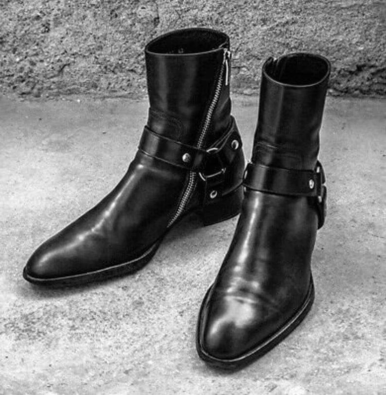 Handmade Men s Genuine Black Leather Long Ankle High Zipper Boots Men s Bikers Boots Genuine Leather Cowboys Boots Etsy