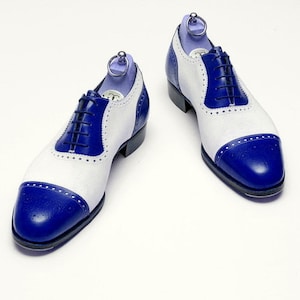 genuine calf leather men dress shoes blue and white Mens Two Tone Dress Shoes | Prompt Shipping
