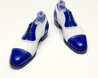 Handmade genuine leather Blue with white dress formal shoes men's leather formal wingtips shoes