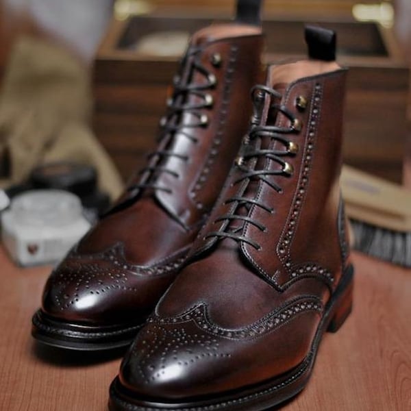 Dark brown genuine leather handmade ankle high brogue wingtip boots for men's long marching  boots